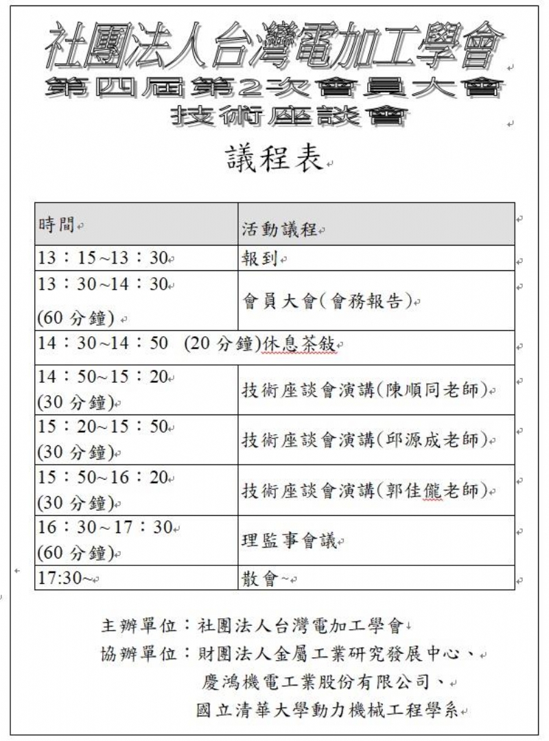 2021年台灣電加工學會第四屆第2次會員大會(技術座談會暨理監事會議)1/18(一)