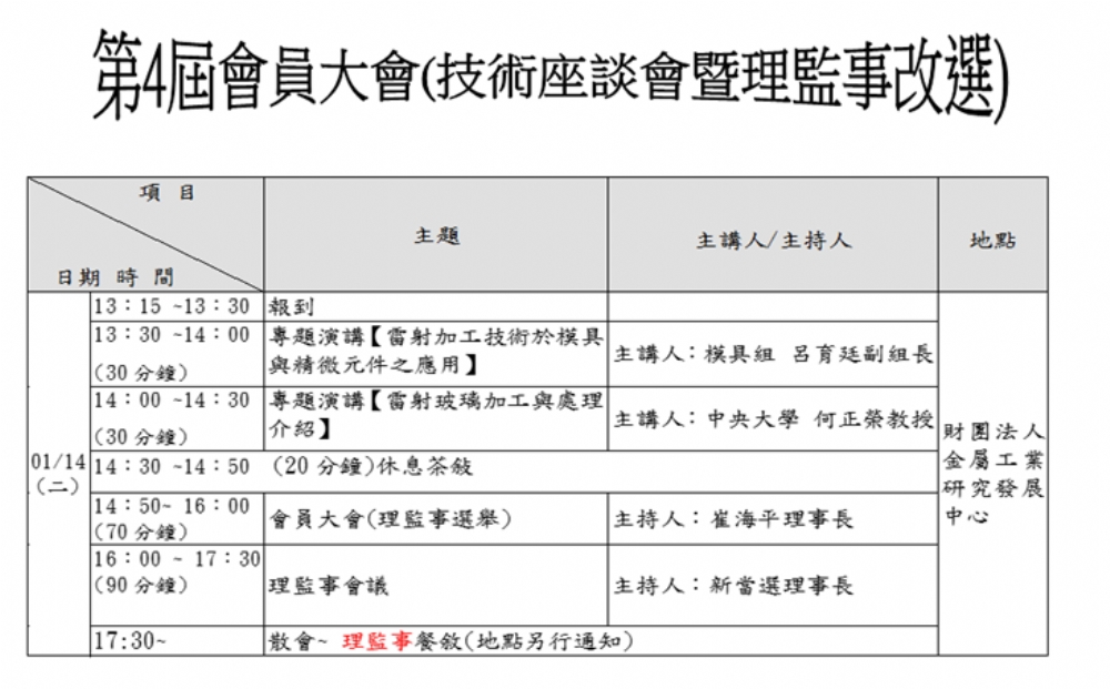 2020年台灣電加工學會第四屆會員大會(技術座談會暨理監事改選)1/14(二)(地點：金屬中心)