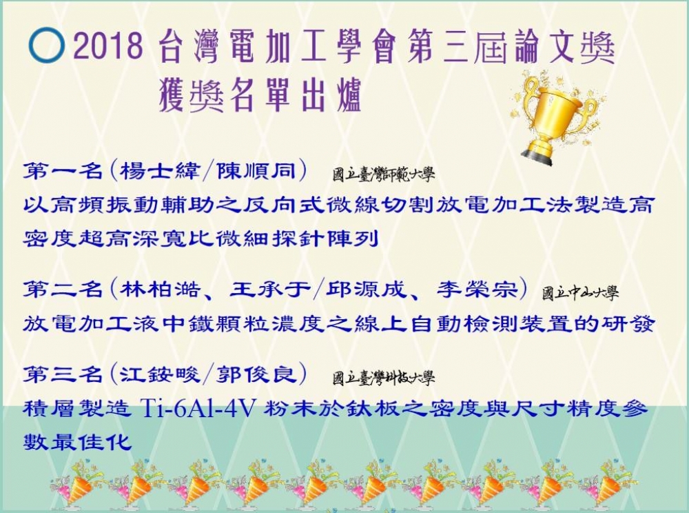 2018台灣電加工學會第三屆論文獎 獲獎名單 出爐囉!! (恭喜以上獲獎人)