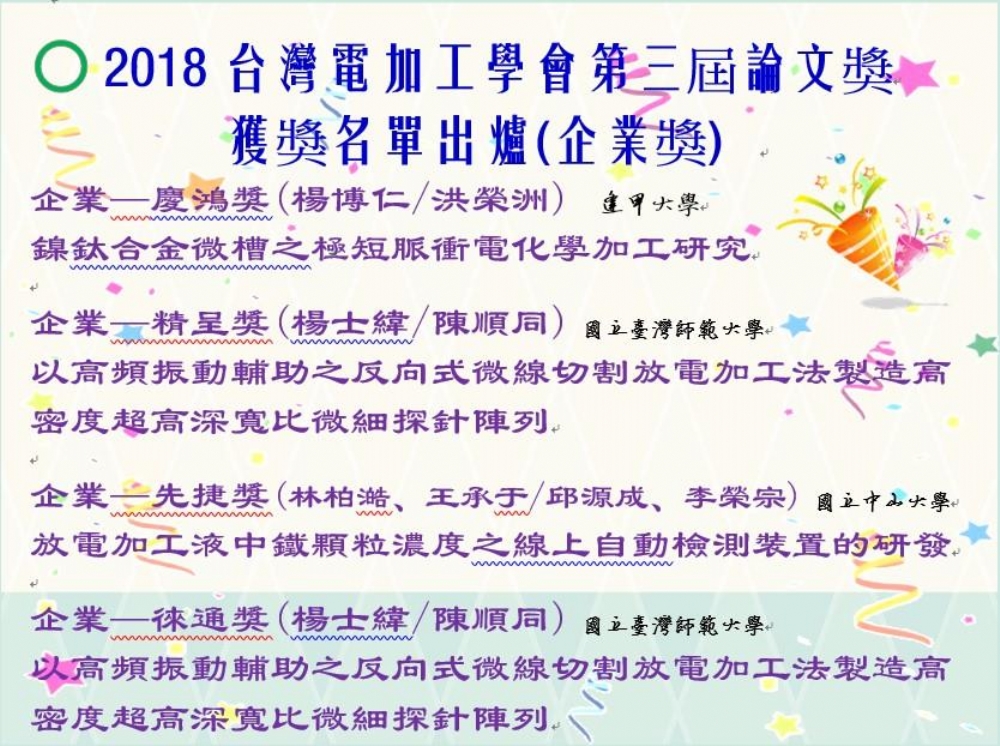 2018台灣電加工學會第三屆論文獎 獲獎名單 出爐囉!! (恭喜以上獲獎人)