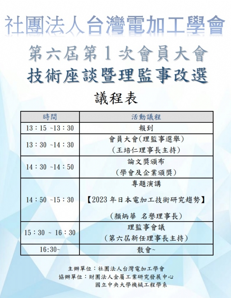 台灣電加工學會-第六屆第1次會員大會 (技術座談會暨理監事會議)